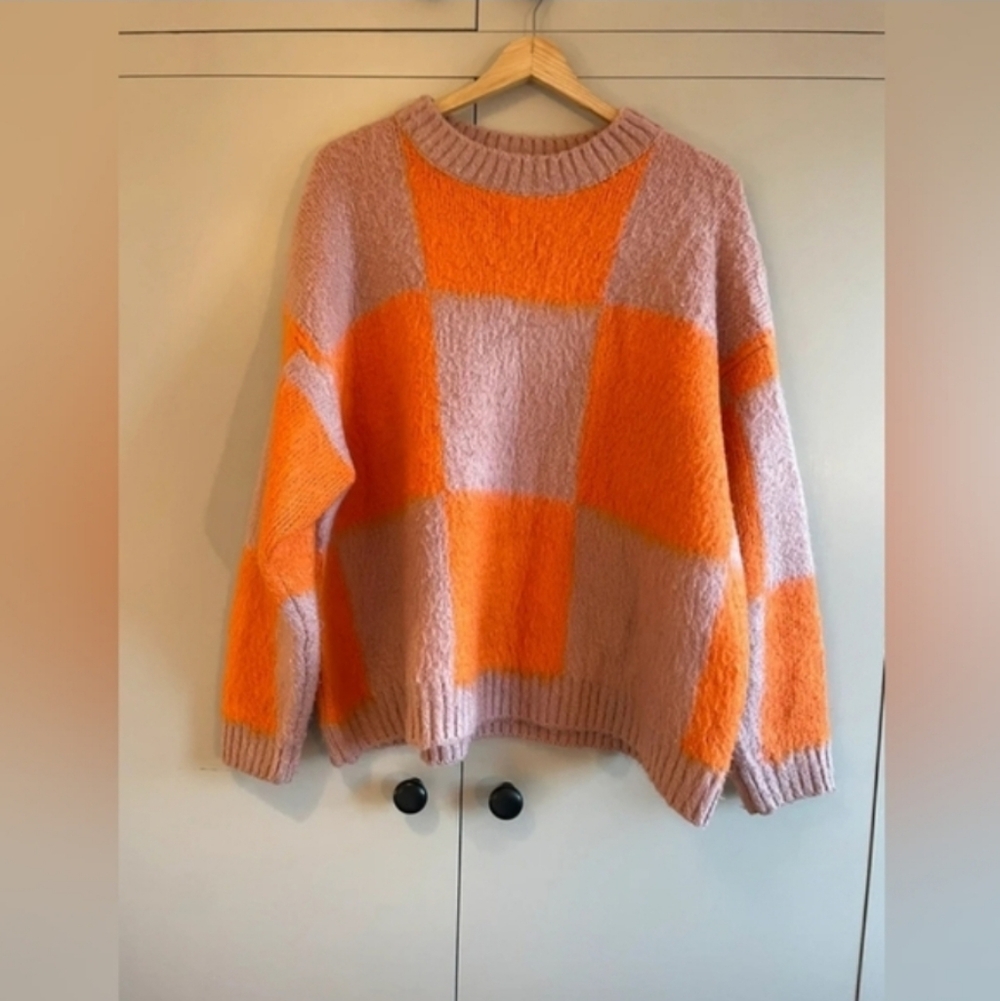 Vibrant Orange and Pink Checkered Sweater